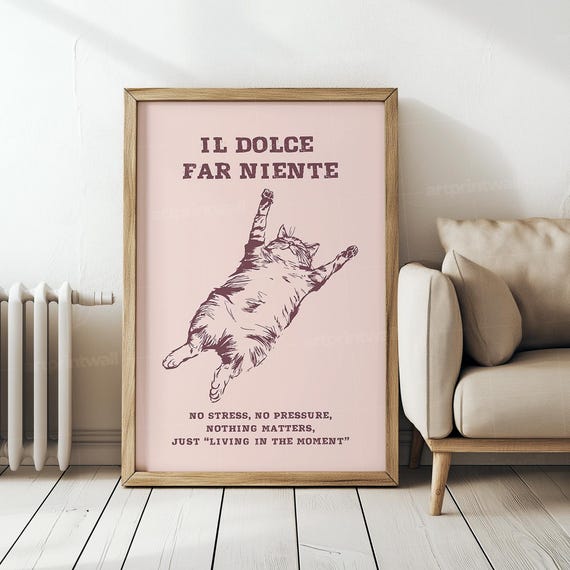Il Dolce Far Niente Print Italian Wall Art Napping Cat 1 Funny Old Fashioned Poster Pink Dopamine Decor