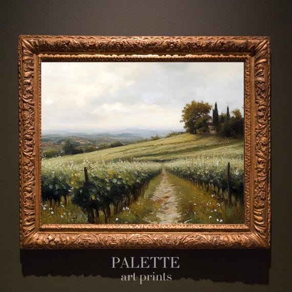 Vineyard Landscape Oil Painting Scenic Countryside With Vine Rows And Rolling Hills Classic Farmhouse Wall Art Lnd081