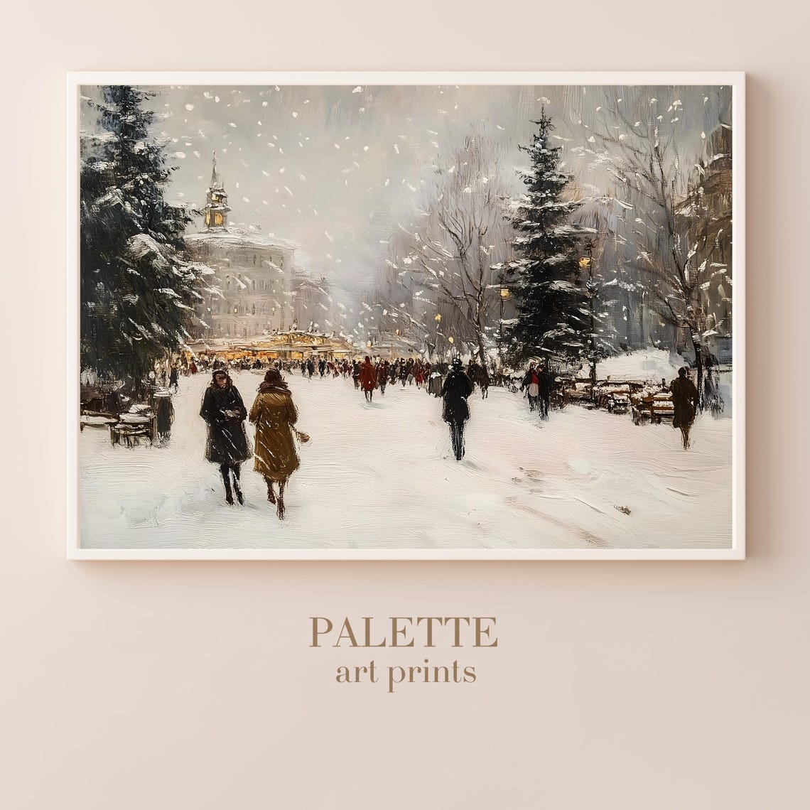 Christmas Market Art Snowy Festive Scene Print Winter Holiday Wall Art European Christmas Decor Cozy Market Scene Print Urb018