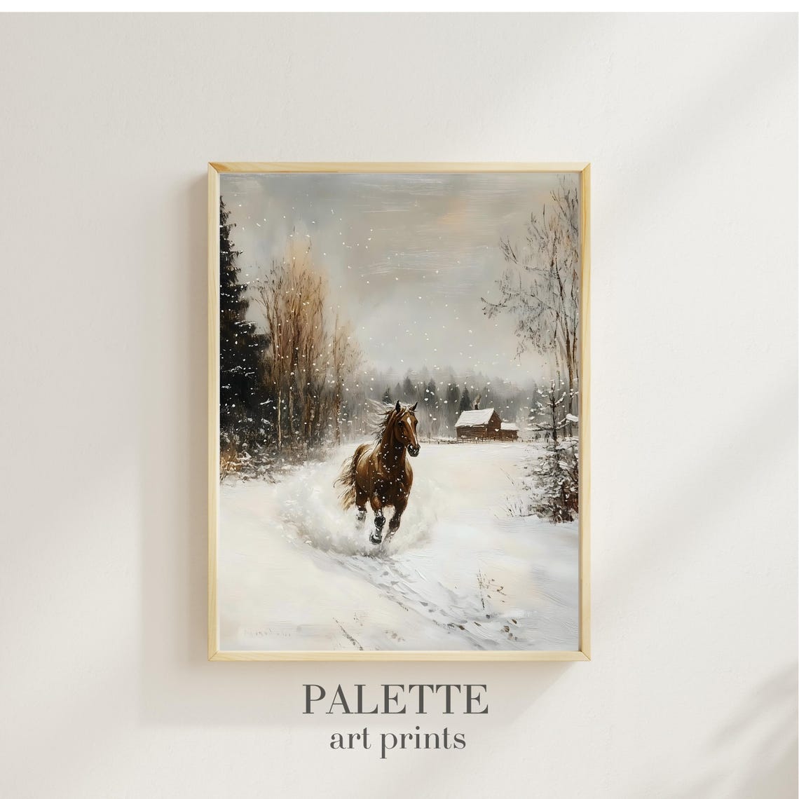 Chestnut Horse Galloping Down a Snowy Path Barn Behind Wall Art