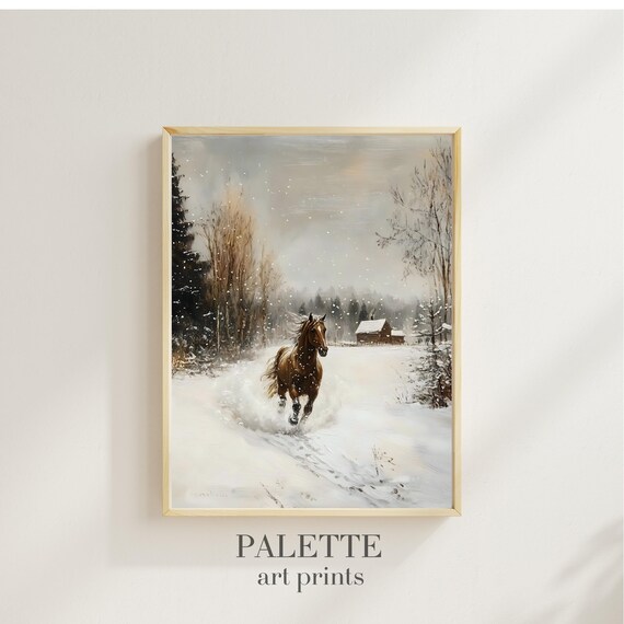 Chestnut Horse Galloping Down a Snowy Path Barn Behind Wall Art