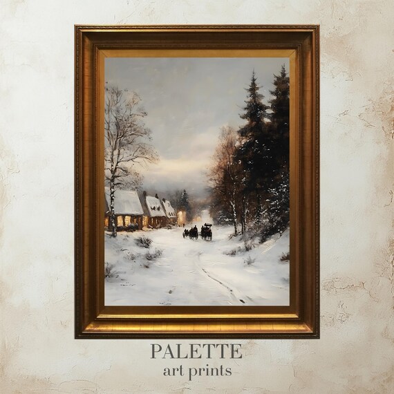 Horse Drawn Carriage Snowy Twilight Village Road Pines Painting Poster