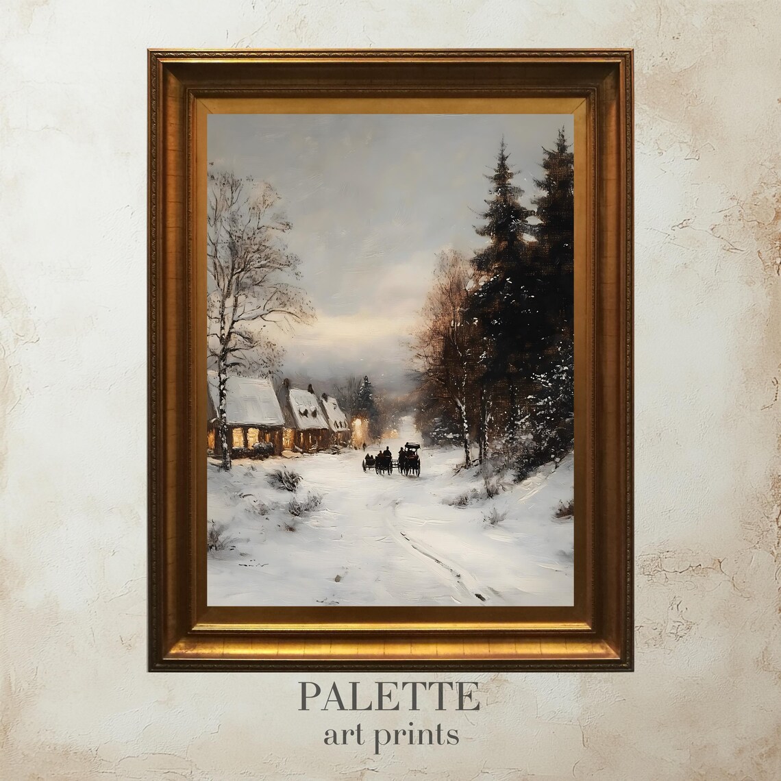 Horse Drawn Carriage Snowy Twilight Village Road Pines Painting Poster