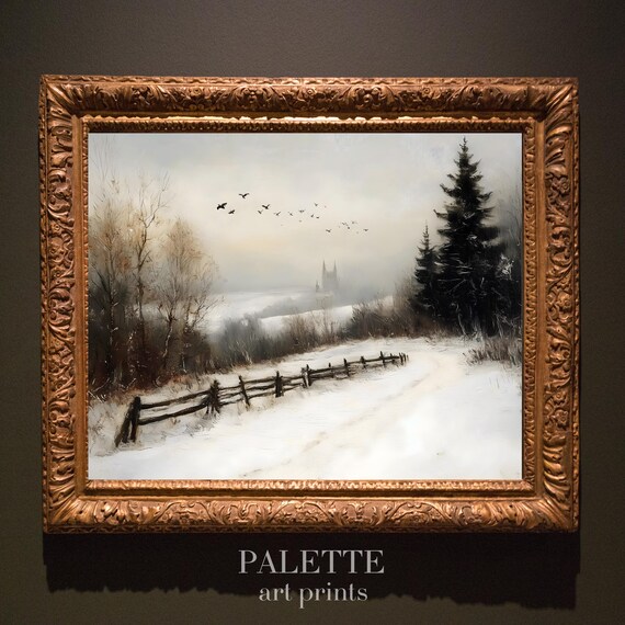Snowy Countryside Path Winter Bird Flock Rustic Landscape Print