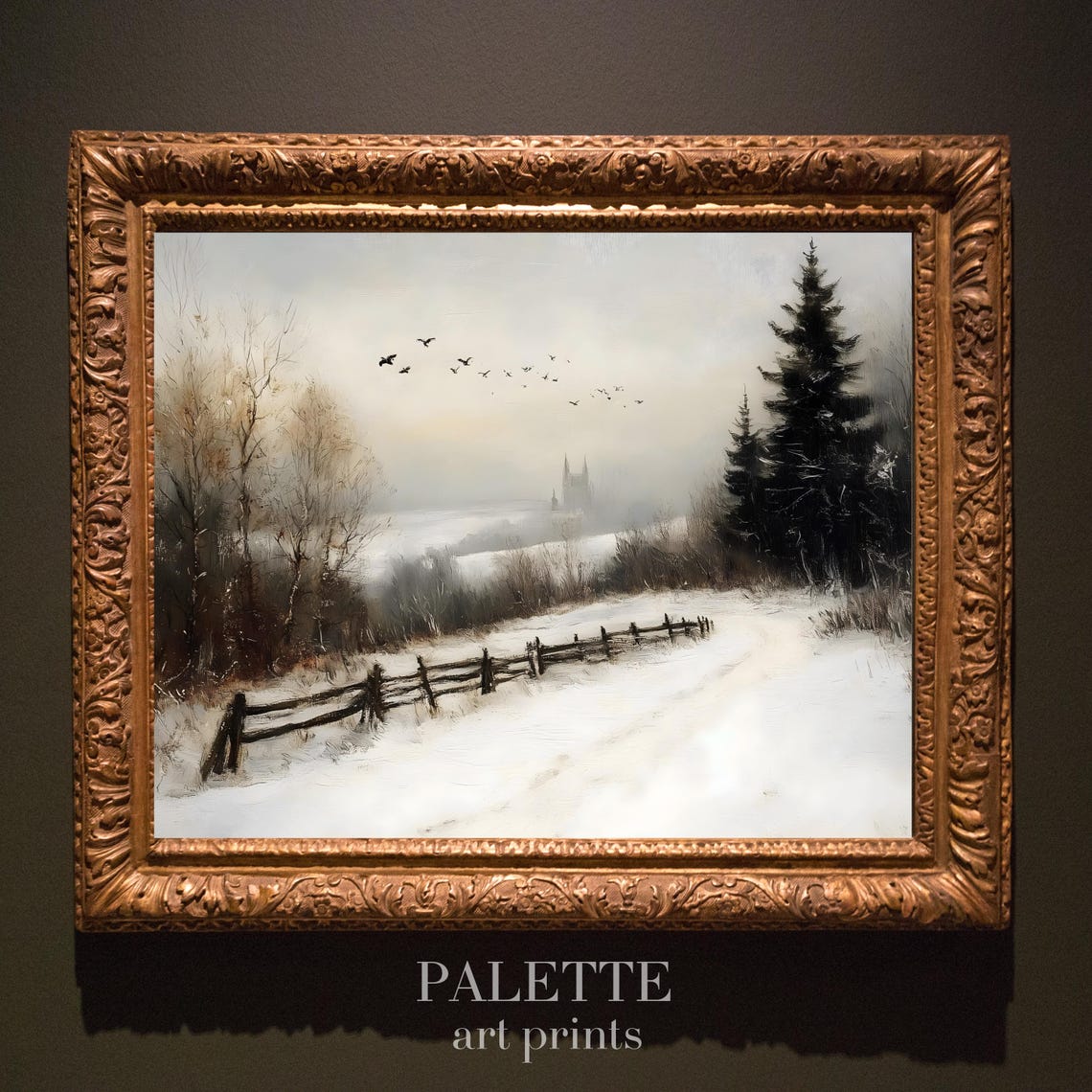 Snowy Countryside Path Winter Bird Flock Rustic Landscape Print