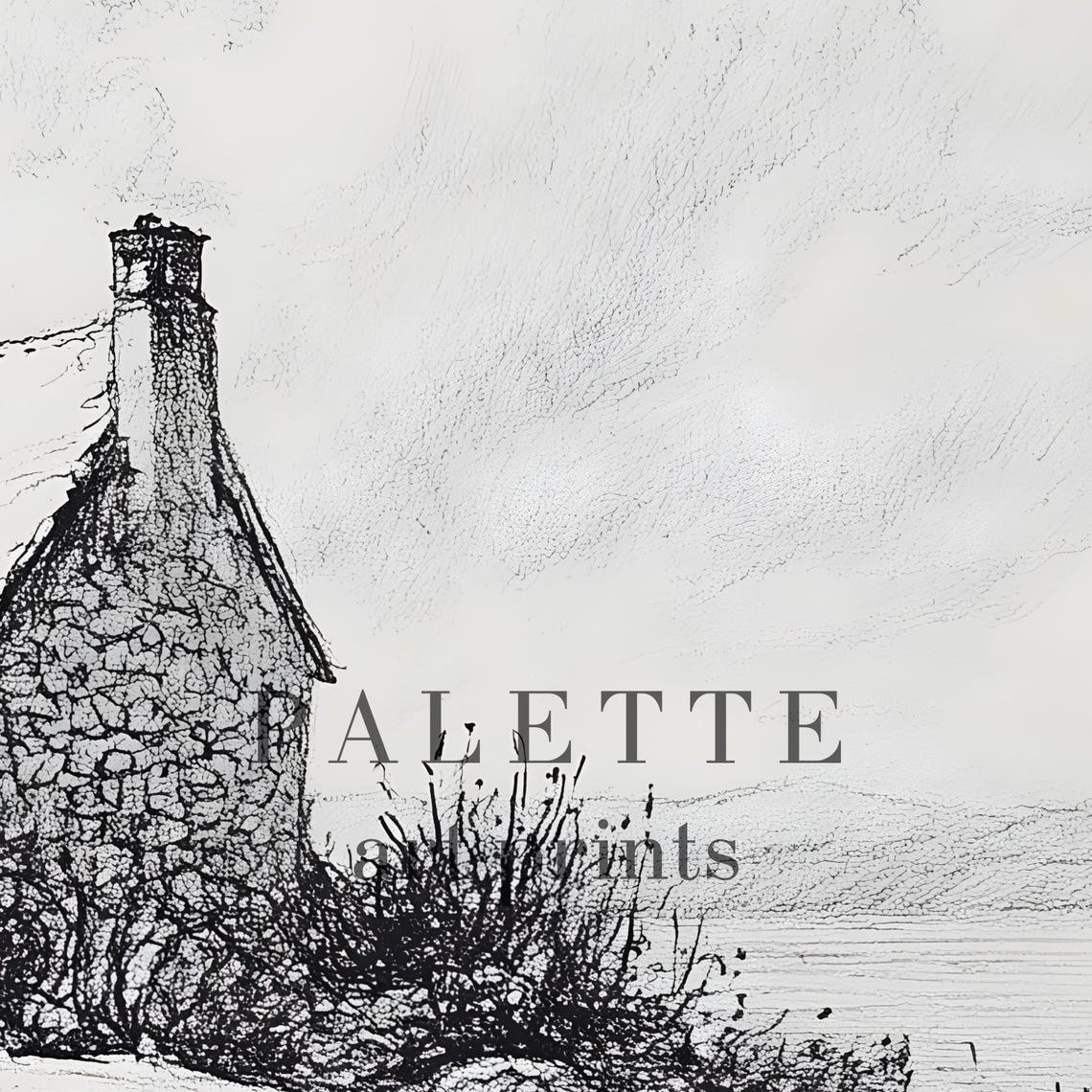 Stone Cottage Water Shore Ink Sketch Black White Rustic Print - Image 2