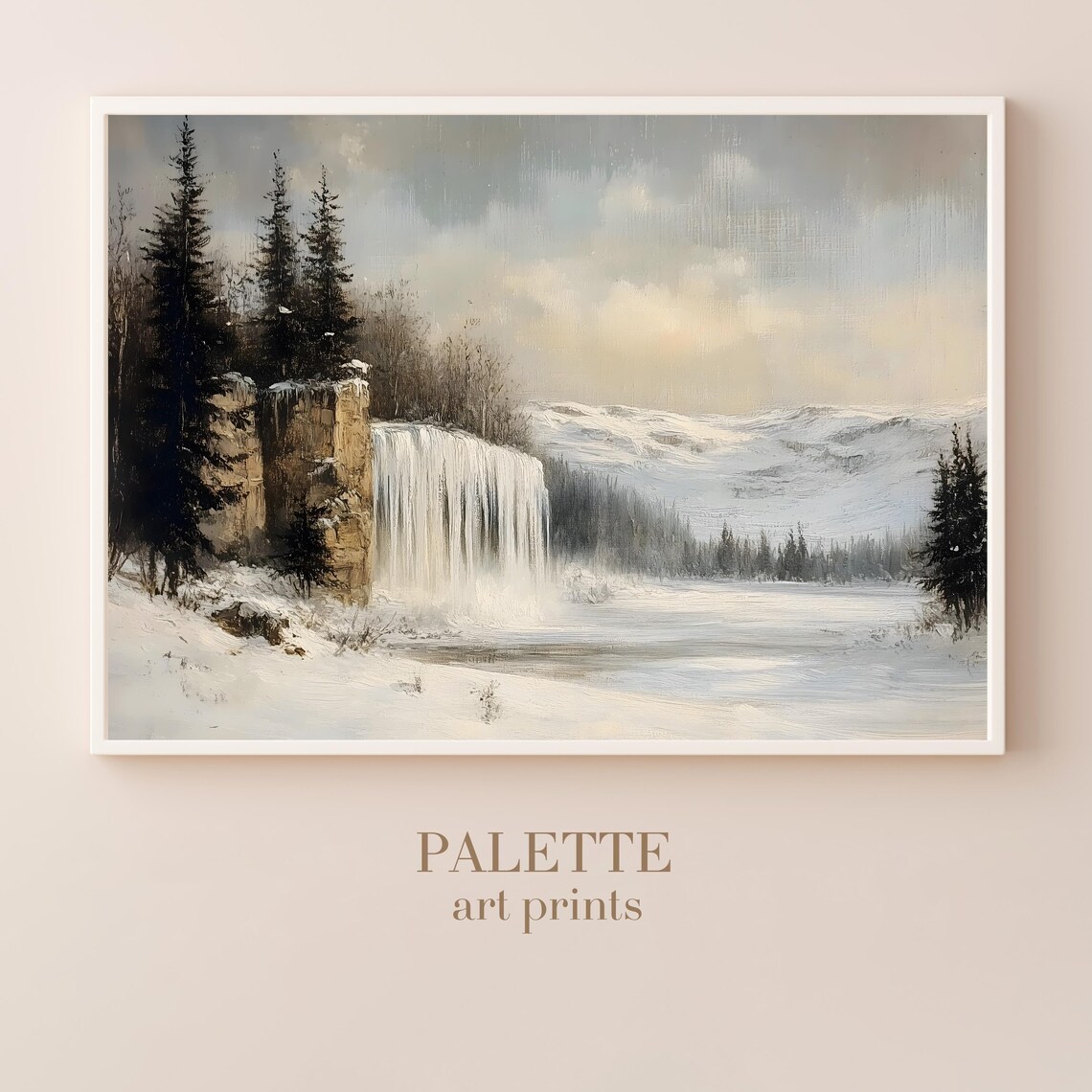 Majestic Frozen Waterfall in Snowy Forest Winter Oil Painting Poster - Image 3