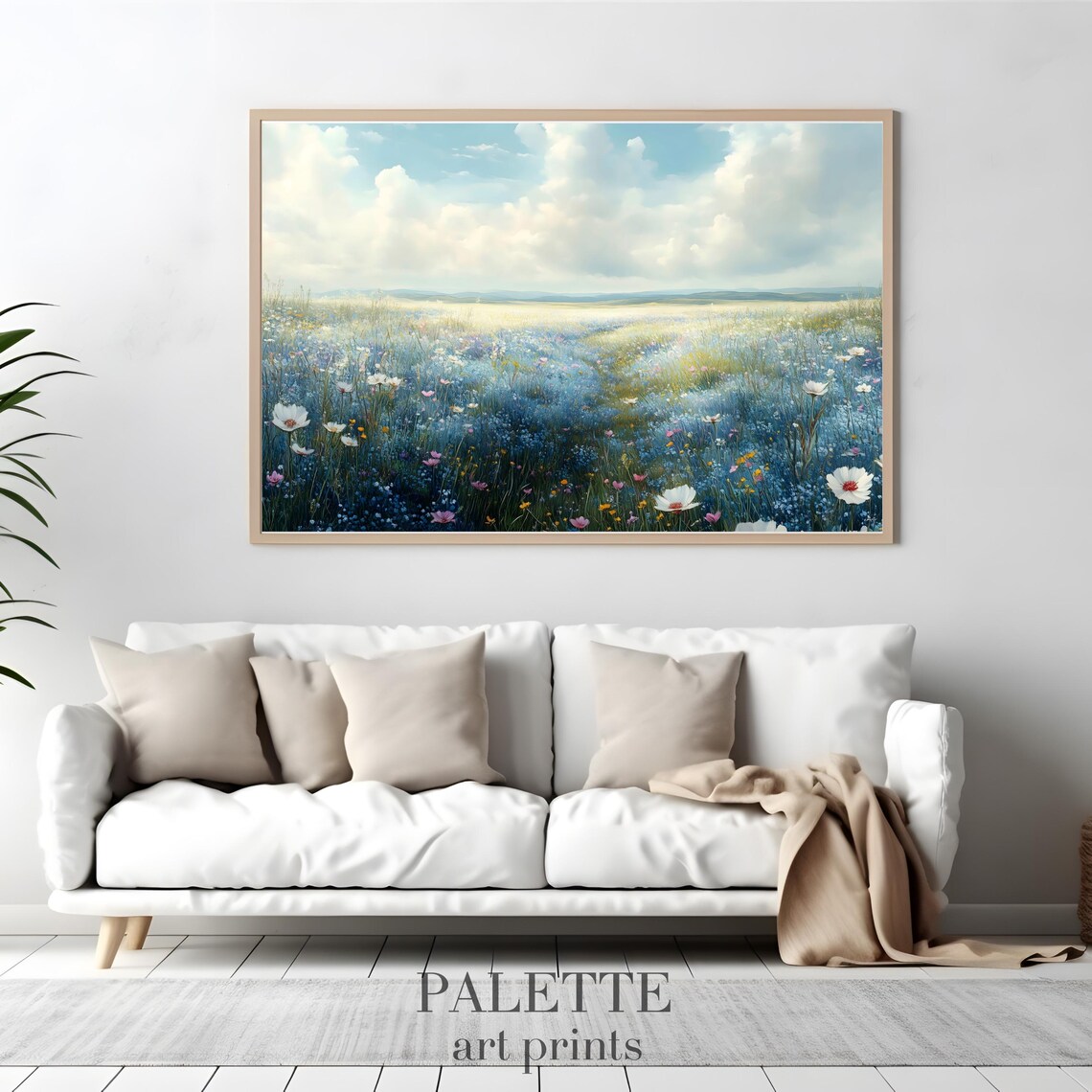 Wildflower Meadow Blue White Cosmos Bright Sky Floral Painting Poster - Image 3