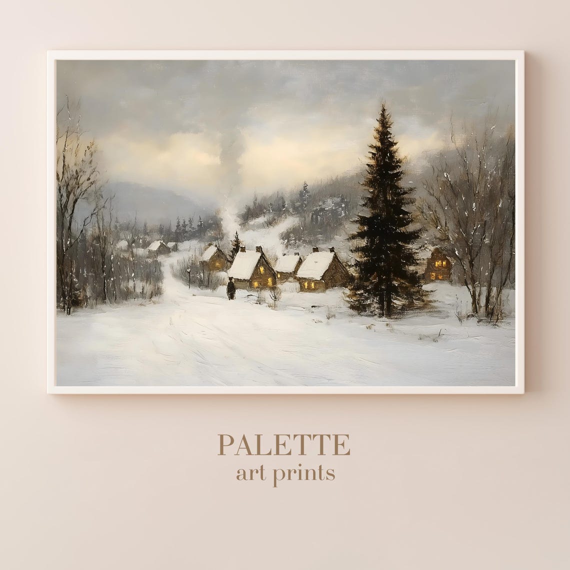 Snowy Village Cabins Beside A Tall Pine On A Winter Path Poster - Image 3