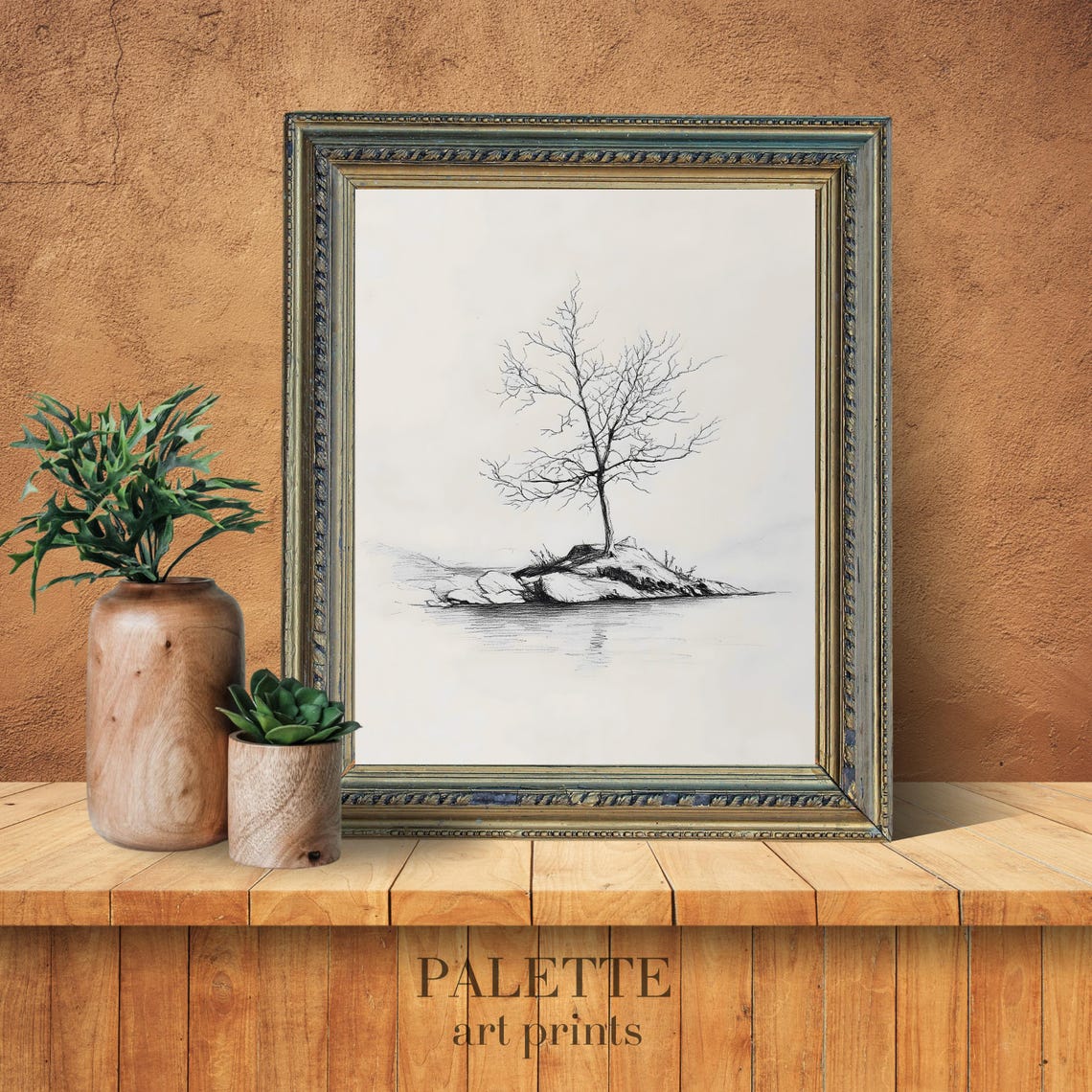 Lone Bare Tree on a Rocky Island Minimal Pencil Sketch Wall Art - Image 3