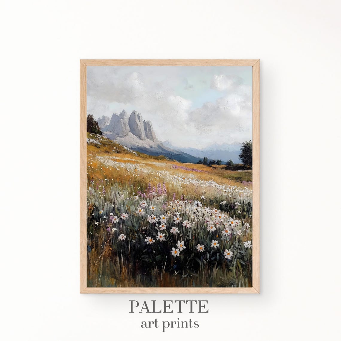 Daisy Meadow Rocky Peak Alpine Wildflower Landscape Art Print