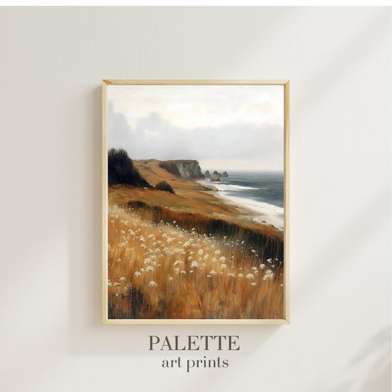 Coastal Cliff Wildflowers Golden Grasses Ocean View Seaside Painting Poster
