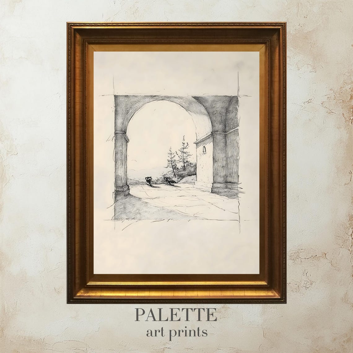 Old Stone Archway Overlooking the Landscape Pencil Sketch Wall Art