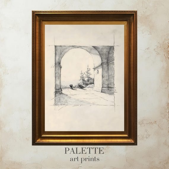 Sketch Of Archway Overlooking Nature Scene Black And White Minimalist Artwork Serene And Elegant Rustic Wall Decor Skt014