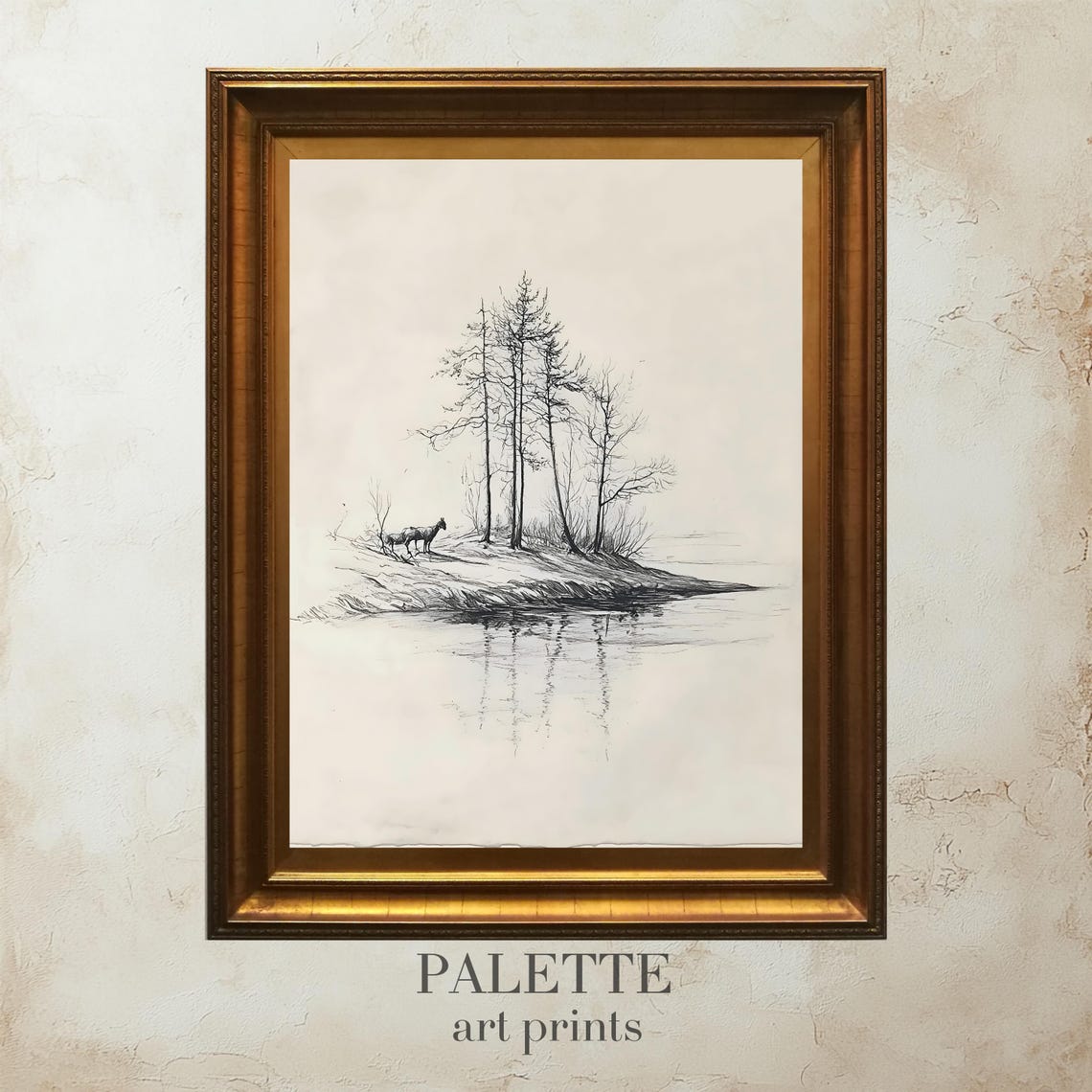 Horse Standing by Still Water Among Tall Trees Pencil Sketch Wall Art