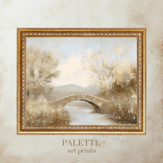 Rustic Stone Bridge Over Gentle Stream Vintage Oil Painting Landscape Tranquil Nature Wall Art Print Rustic Home Decor Lnd026