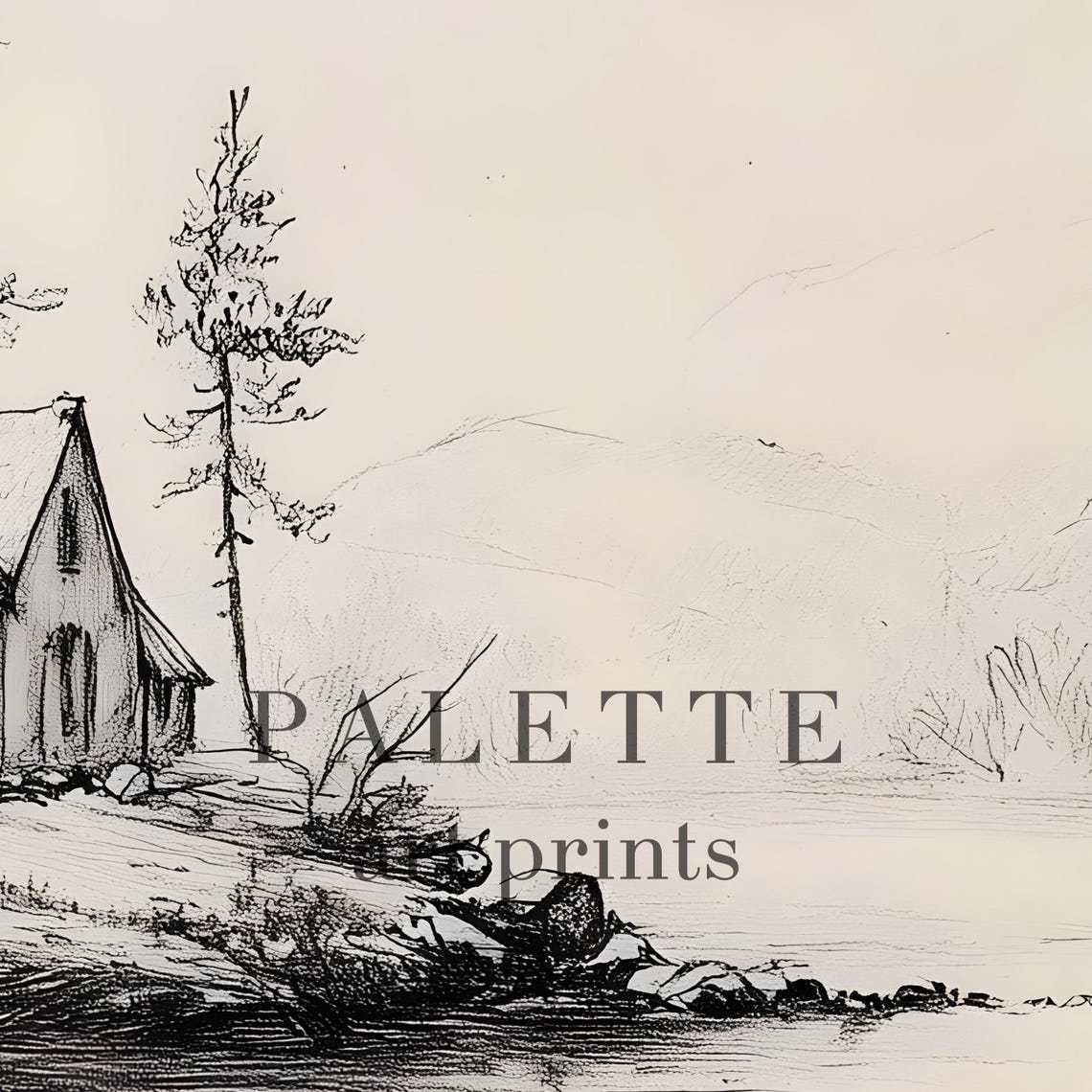 Lakeside Cabin Pine Trees Sepia Ink Sketch Rustic Wall Decor Print - Image 2