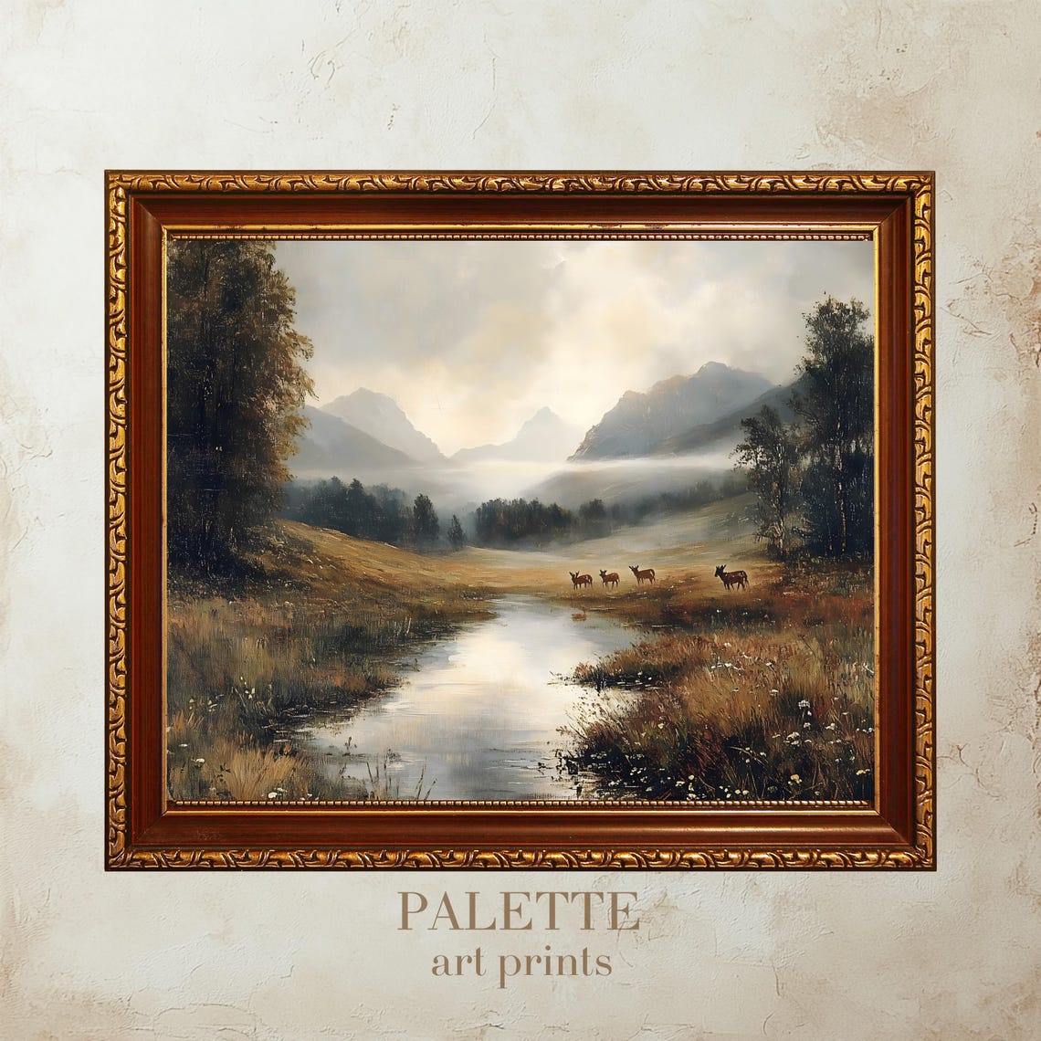Deer by Misty River Valley Golden Vintage Wildlife Landscape Poster