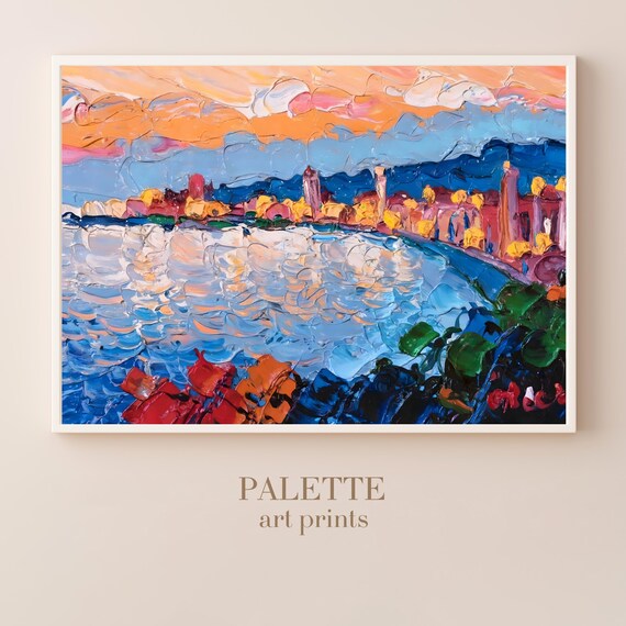 French Riviera Coastal Nightscape Impasto Oil Painting Poster