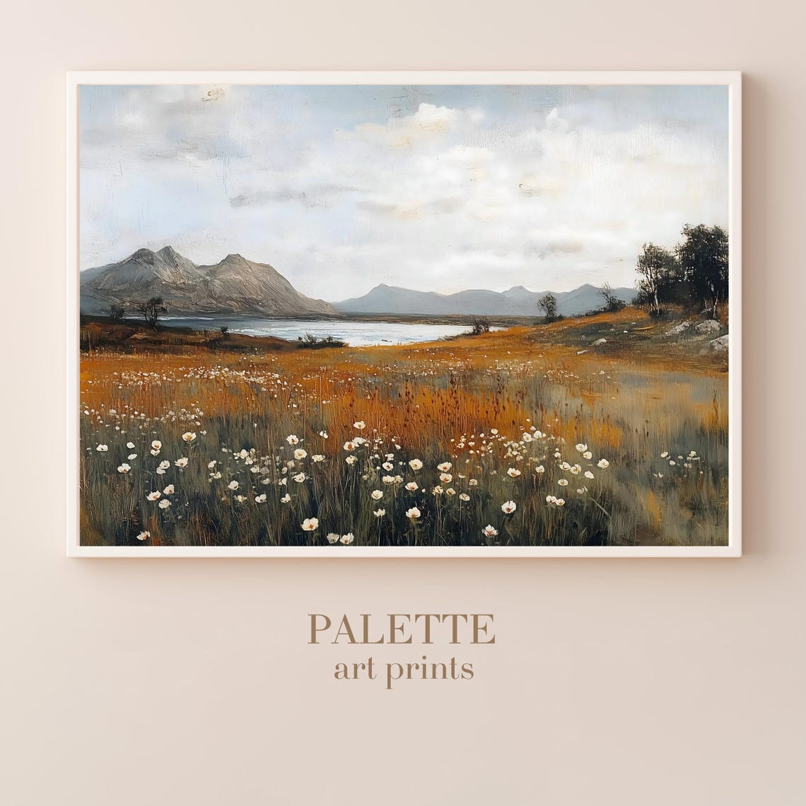 Autumn Meadow With A Distant Lake Beneath Rugged Mountains Poster