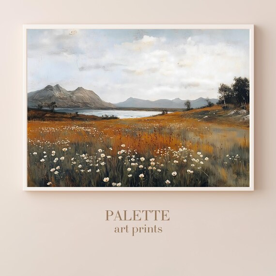 Scenic Mountain Meadow Landscape With Distant Lake Oil Painting Peaceful Rustic Wall Art For Nature Inspired Homes Lnd071