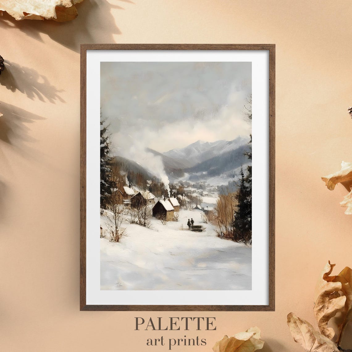 Quiet Snowy Hamlet Chimney Smoke Mountain Valley Scene Wall Art - Image 3