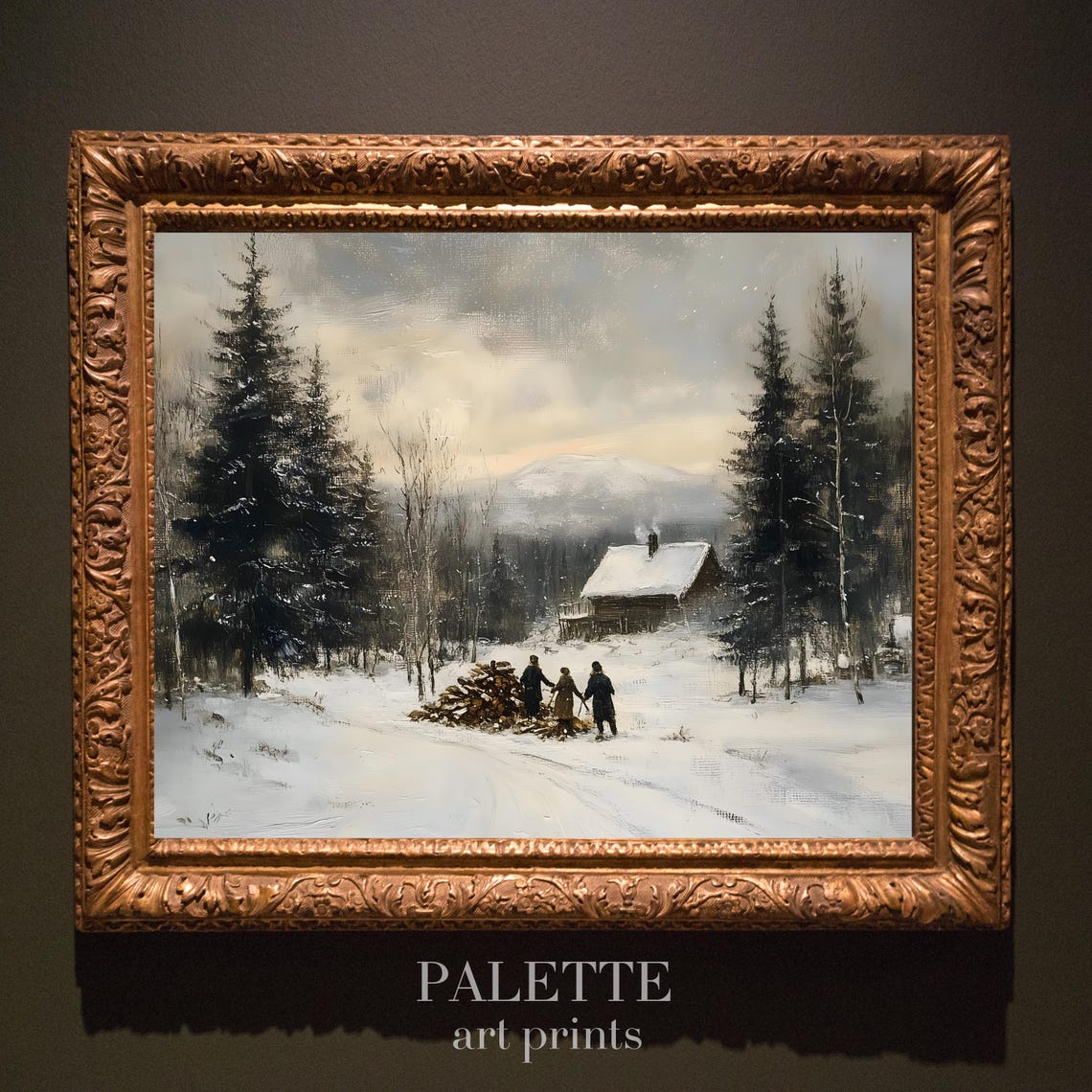 Snowy Log Cabin Gathering Firewood Quiet Winter Scene Wall Art - Image 3