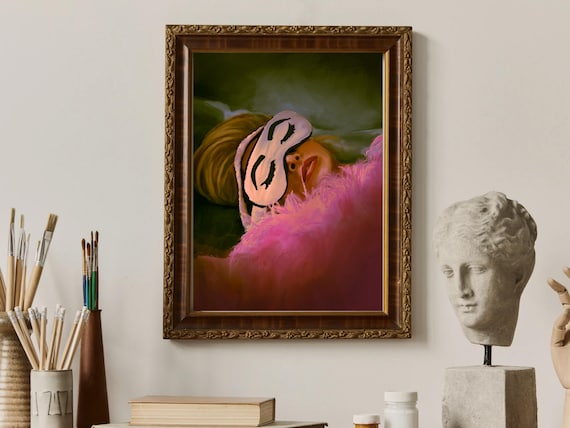 70s Glamour Retro Woman Portrait Print Pink Feather Boa Style