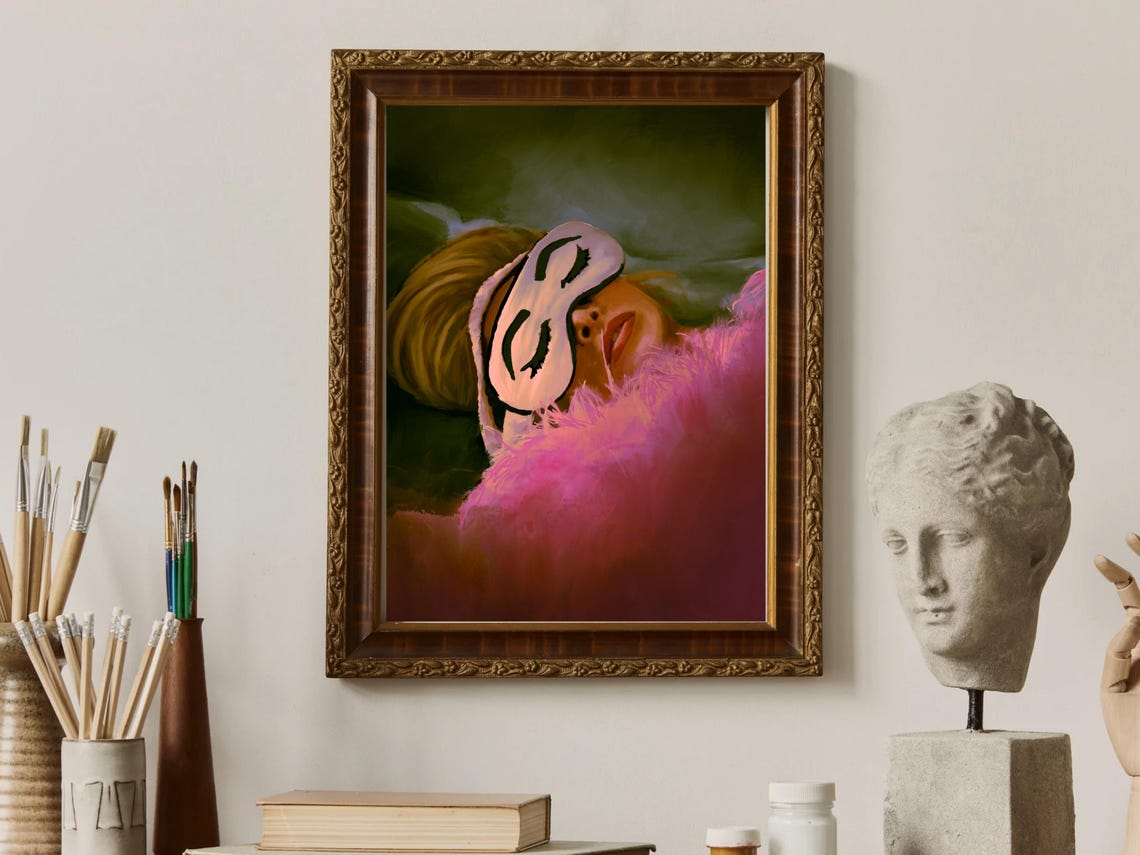 70s Glamour Retro Woman Portrait Print Pink Feather Boa Style