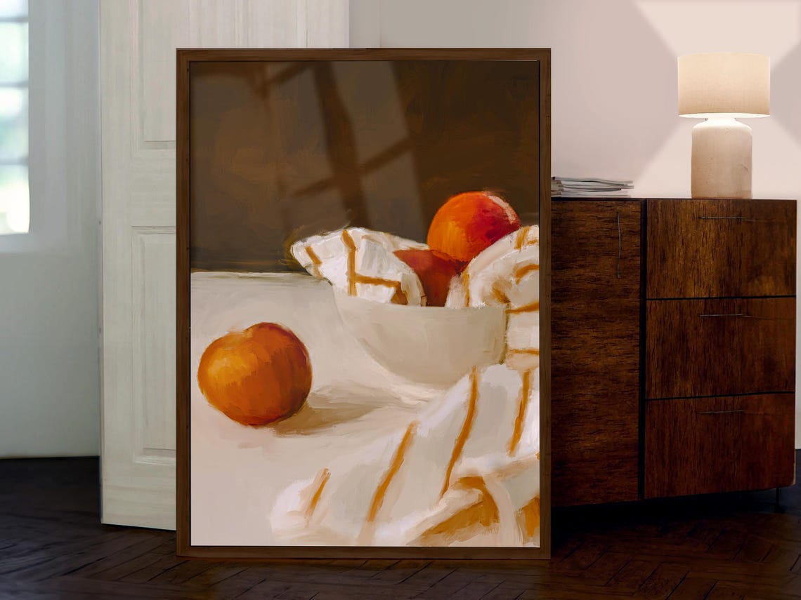 Oranges And Bowl Still Life Striped Cloth Impressionist Art Poster