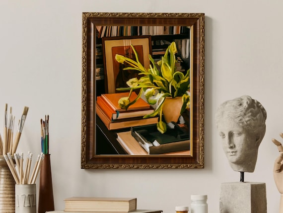 Tulip Bouquet and Stack of Books Oil Painting Floral Still Life Poster