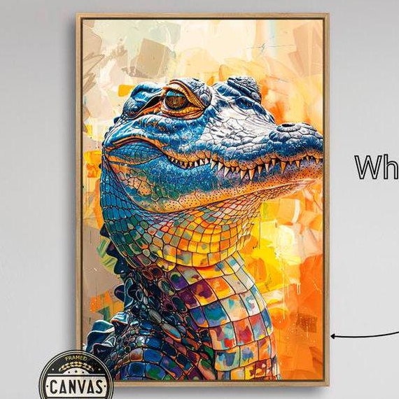Colorful Abstract Alligator Framed Print Geometric Crocodile Wall Art Vibrant Animal Mosaic Painting Print Decor Ready To Hang