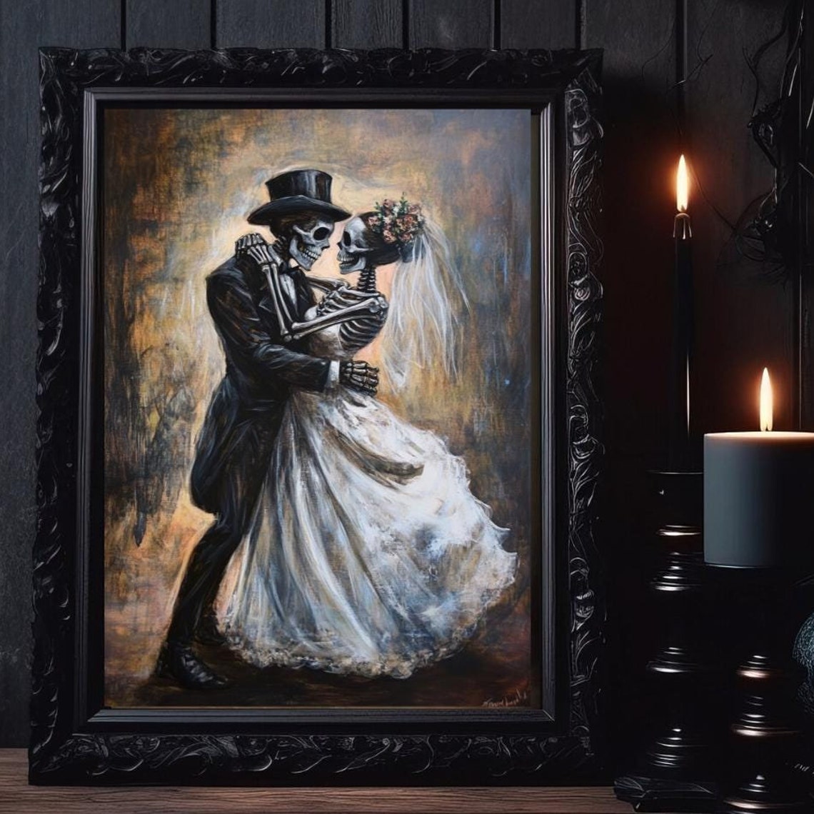 Skeleton Bride And Groom Dancing Gothic Halloween Wedding Poster