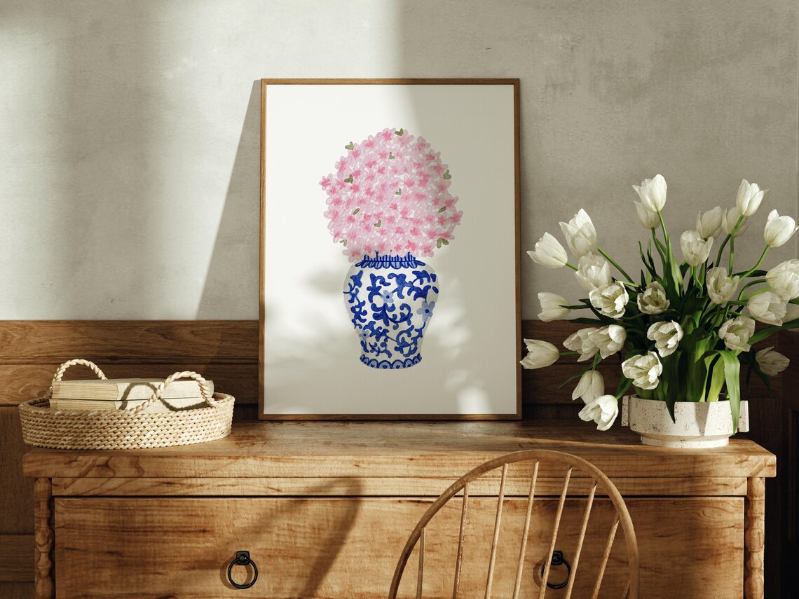 Watercolor Cherry Blossom In Ginger Jar, Grandmillennial Decor - Image 3