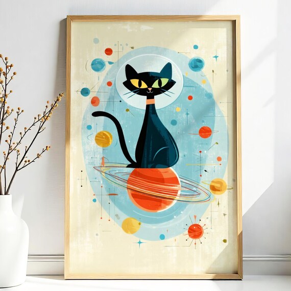 Atomic Space Cat Astronaut Retro Planets Midcentury Modern Art Poster