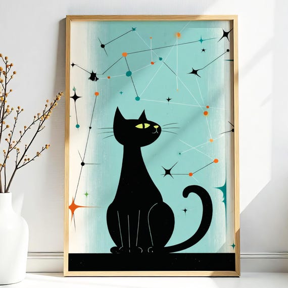 Atomic Space Cat Constellation Print Retro Midcentury Celestial Wall Art Zodiac Star Poster