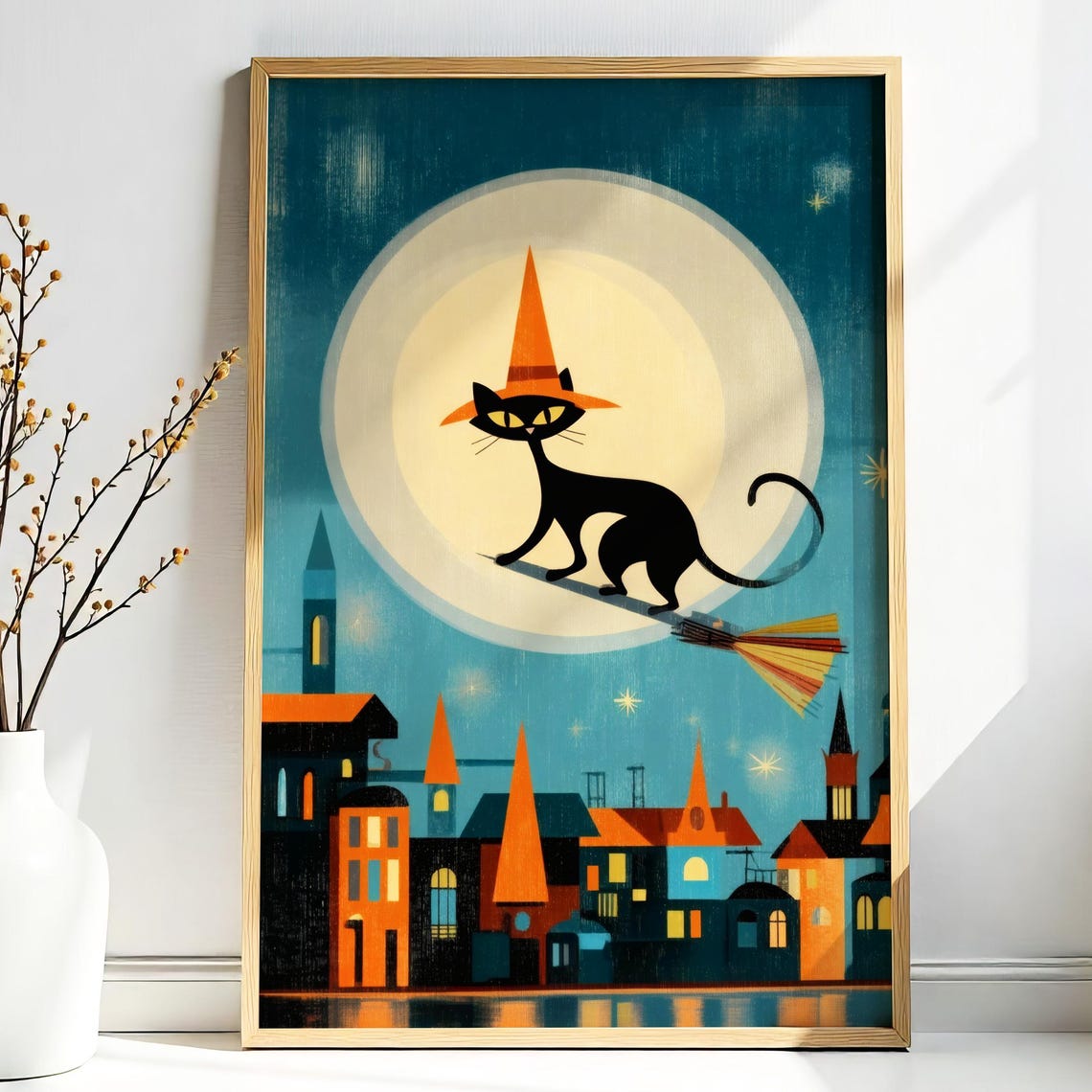 Halloween Black Cat Witch on Broomstick under Full Moon Print