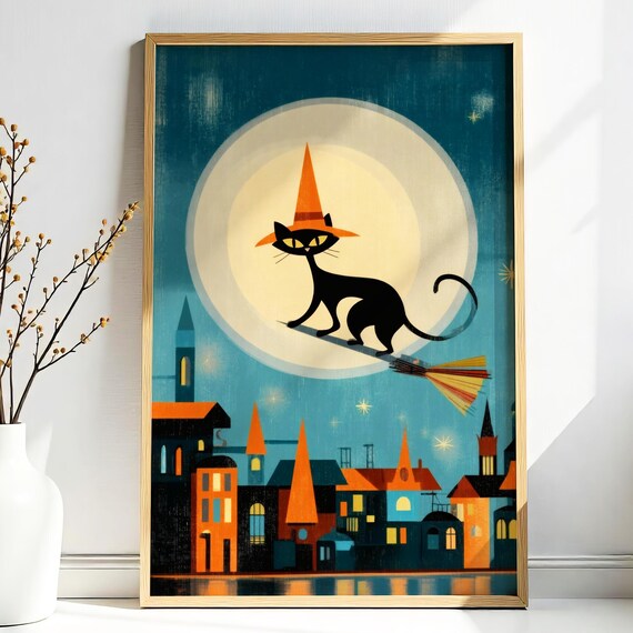 Halloween Black Cat Witch on Broomstick under Full Moon Print