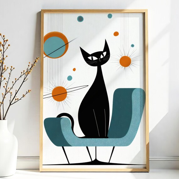 Black Cat in Teal Midcentury Chair Atomic Age Planet Art Print