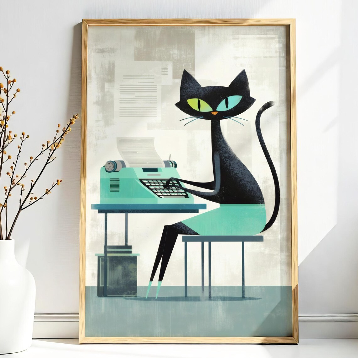 Atomic Black Cat With Typewriter Retro Midcentury Modern Writer Poster
