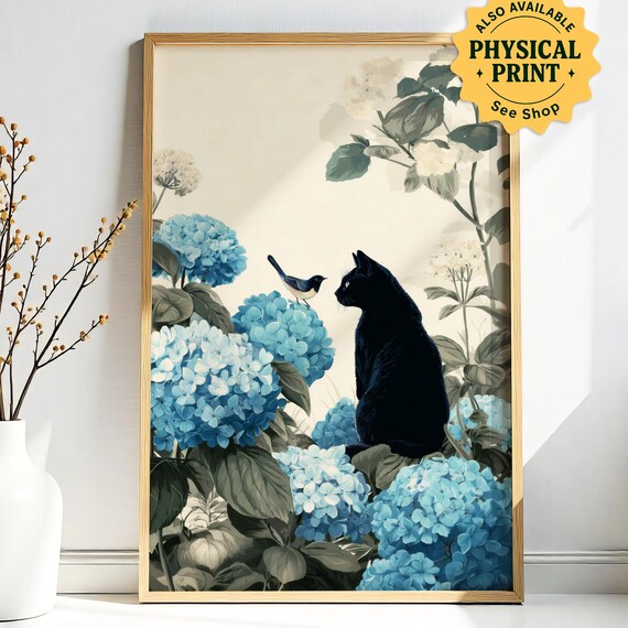 Black Cat Greeting a Small Bird Among Blue Hydrangeas Poster