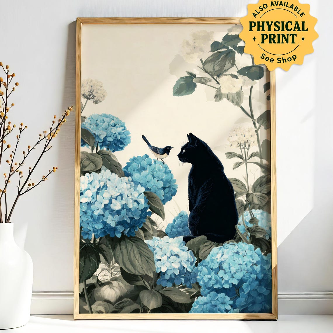 Black Cat Greeting a Small Bird Among Blue Hydrangeas Poster