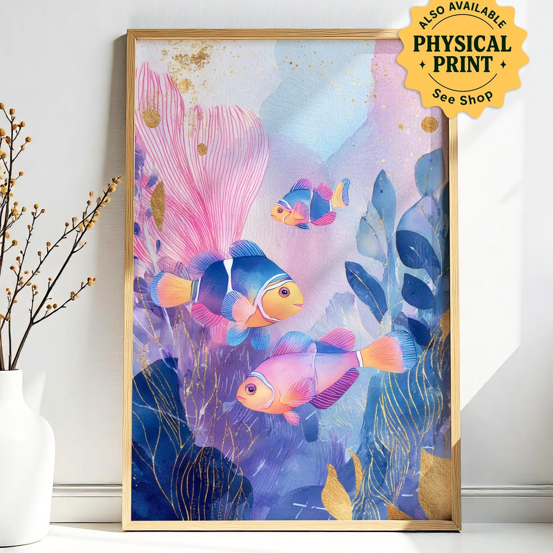 Clownfish Coral Reef Vibrant Watercolor Tropical Fish Poster
