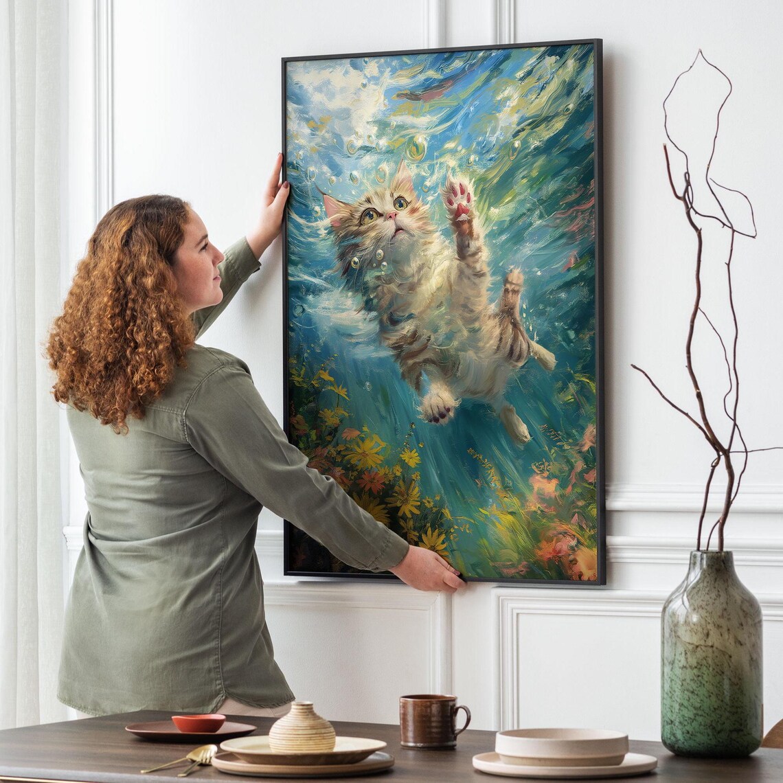 Funny Cat Swimming Underwater Among Flowers Whimsical Poster - Image 4