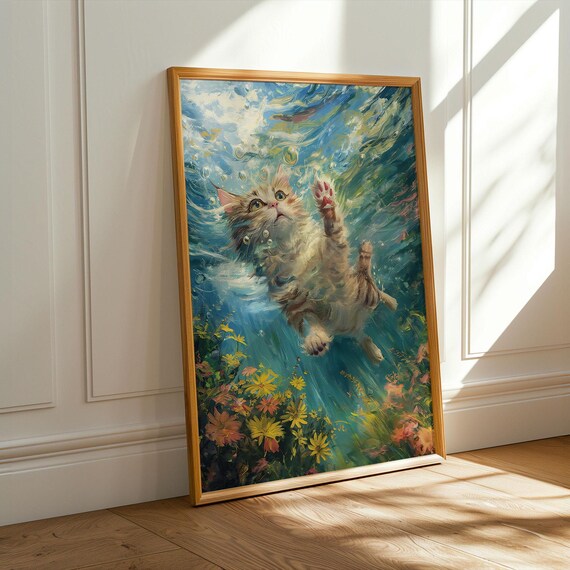 Funny Cat Swimming Underwater Among Flowers Whimsical Poster