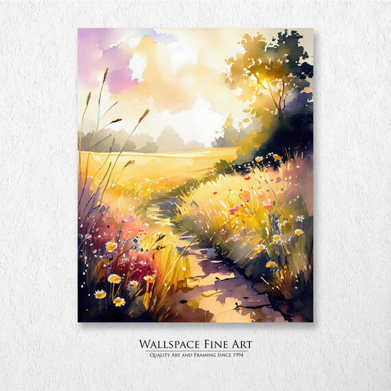 Wildflower Path Through Summer Meadow Golden Watercolor Poster