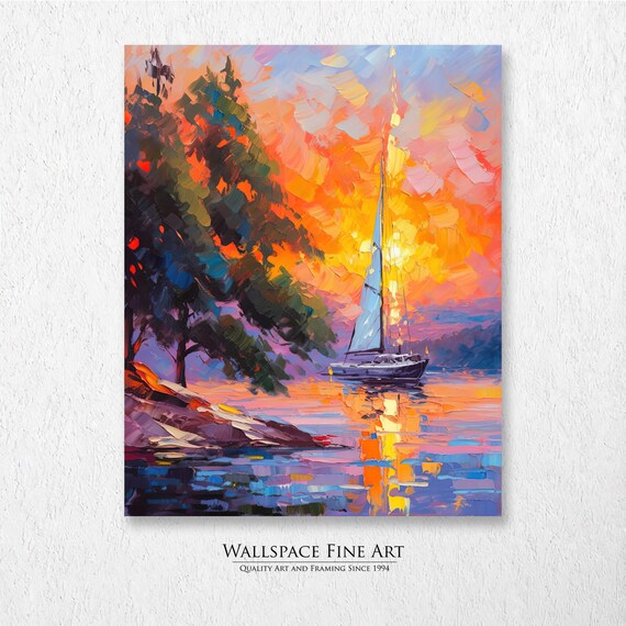 Sailboat at Sunset Colorful Impasto Oil Painting Lakeside Poster