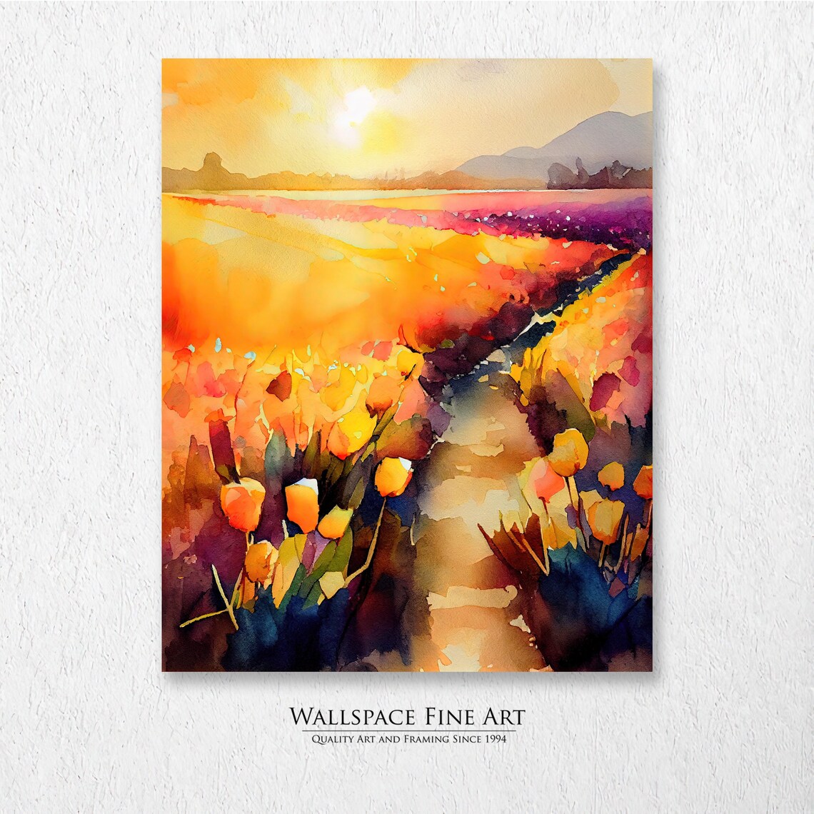 Tulip Field Sunset Watercolor Painting Floral Landscape Wall Art