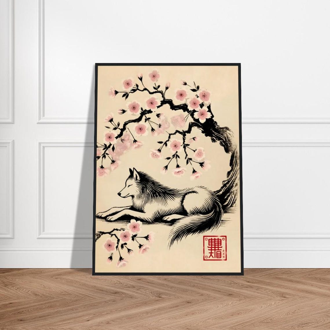 White Fox Resting Cherry Blossoms Japanese Sumi E Ink Art Poster