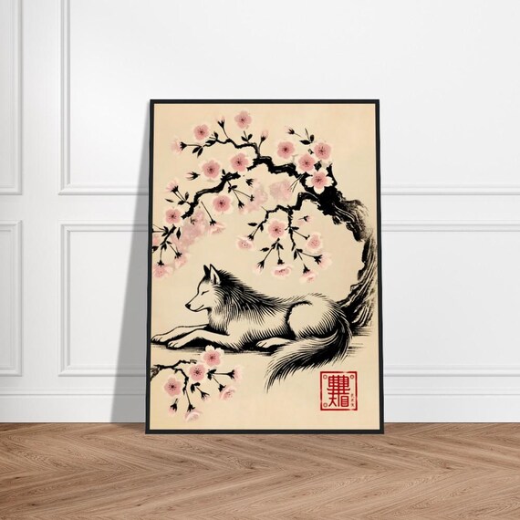 White Fox Resting Cherry Blossoms Japanese Sumi E Ink Art Poster